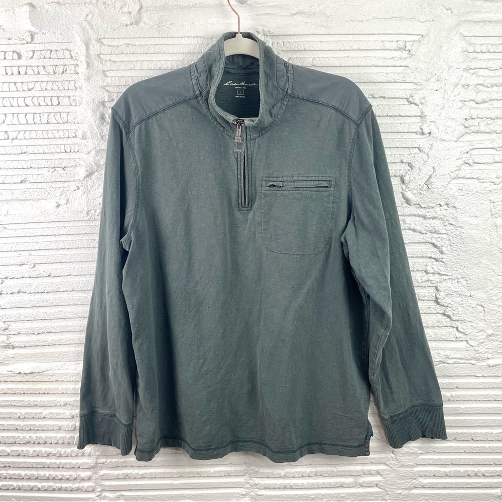 Eddie Bauer‎ Men's 100% Cotton 1/4 Zip Pullover Shirt Side Slits Gray Size Large